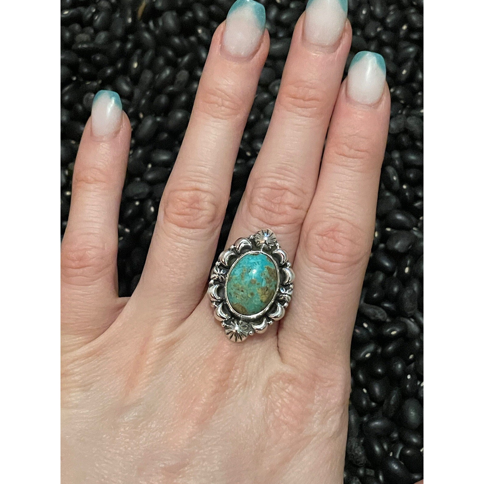 Native Southwest Sterling Silver Green Turquoise Ring Adjustable~Concho Accents